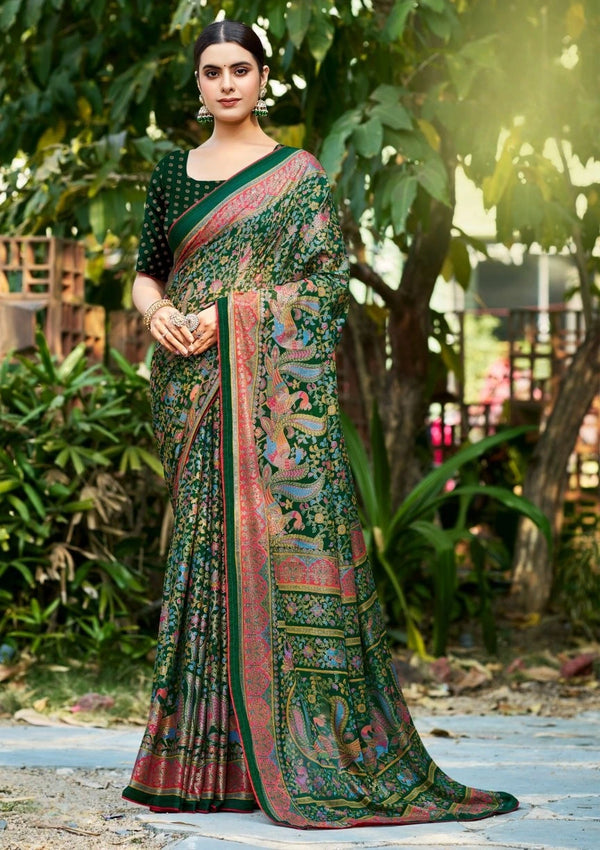 Bottle Green Printed Crepe Saree – Graceful Everyday & Occasion Wear