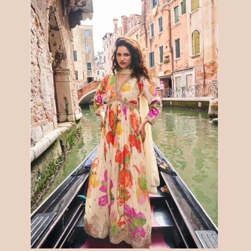 Premium Floral Chinon Silk Anarkali Gown with Dupatta