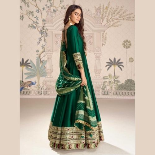 Emerald Green Silk Anarkali Gown with Embroidered Dupatta