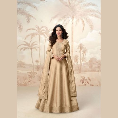 Golden Premium Silk Anarkali Gown with Dupatta – Party Wear Elegance