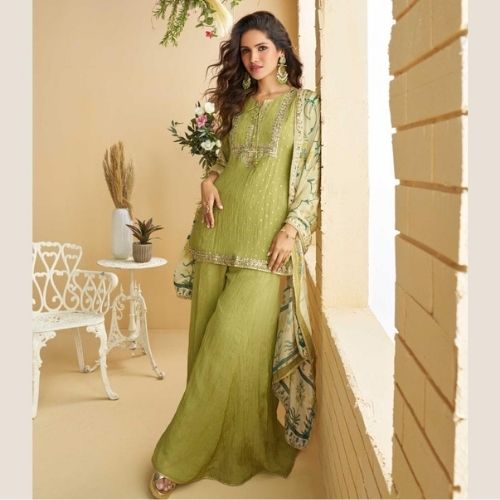 Designer Green Chinon Silk Sharara Suit with Dupatta – Partywear