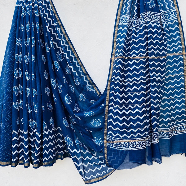 Elegant Indigo Blue Handloom Chanderi Silk Saree with Block Prints