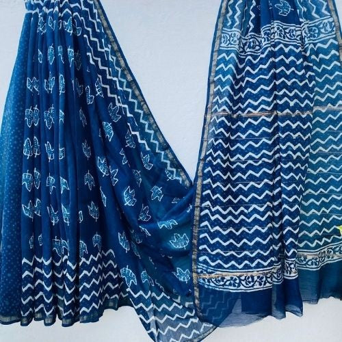 Indigo Blue Chanderi Silk Saree with Chevron & Floral Hand Block Print