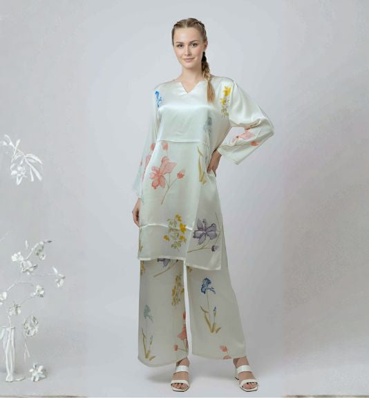 Ivory Floral Satin Silk Formal Coord Set for Women