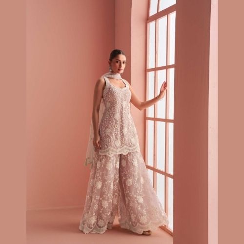 Pink Partywear Designer Net Sharara Suit with Dupatta