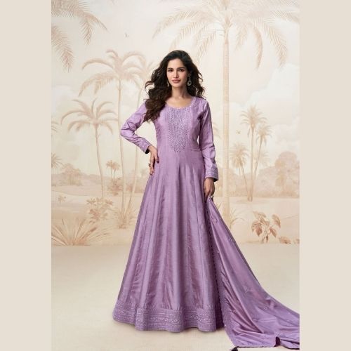 Lavender Silk Anarkali Gown with Dupatta – Party Wear Elegance