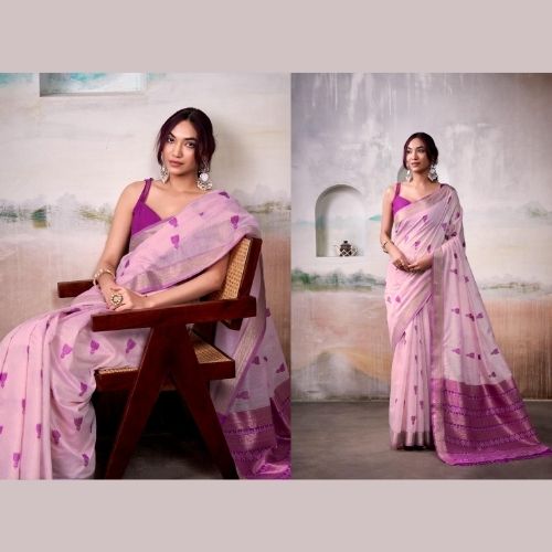 Light Pink Modal Cotton Saree with Zari Border & Pallu