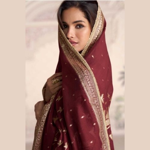 Maroon Silk Anarkali Gown with Heavy Embroidered Dupatta