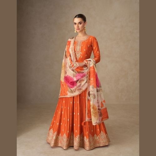 Orange Anarkali Gown with Dupatta – Premium Chinnon Silk