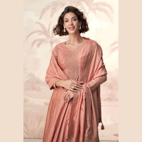 Elegant Peach Silk Floor Length Anarkali Gown with Dupatta