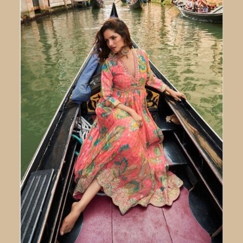 Peach Floral Chinon Silk Anarkali Gown with Embroidery & Dupatta