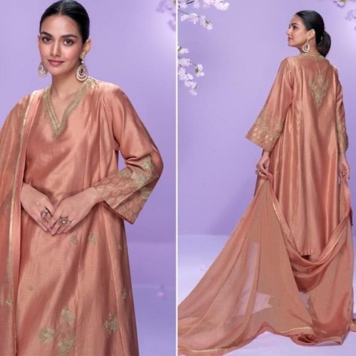 Peach Roman Silk Palazzo Suit with Embroidered Dupatta