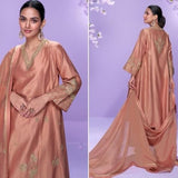 Peach Roman Silk Palazzo Suit with Embroidered Dupatta