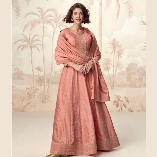 Elegant Peach Anarkali Gown with Dupatta