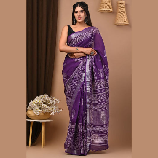 Royal Purple Pure Linen Handloom Saree with Silver Border