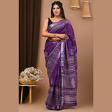 Royal Purple Pure Linen Handloom Saree with Silver Border
