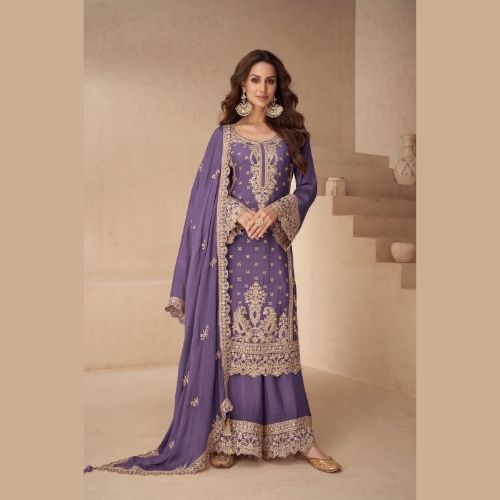 Purple Designer Palazzo Suit Party Wear with Real Chinon Dupatta