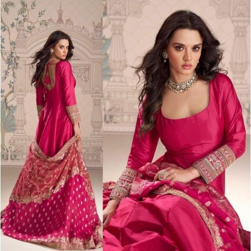 Rani Pink Silk Anarkali Gown with Heavy Embroidered Dupatta