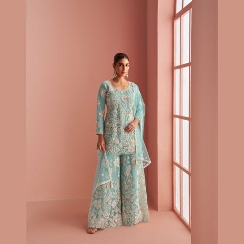 Sky Blue Designer Sharara Suit Partywear with Dupatta