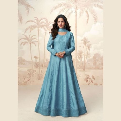 Sky Blue Premium Silk Floor Length Anarkali Gown with Dupatta