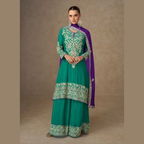 Teal Green Real Chinon Palazzo Suit with Embroidered Detailing