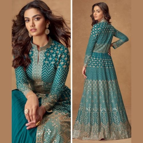 Teal Real Georgette Anarkali Gown with Embroidered Dupatta