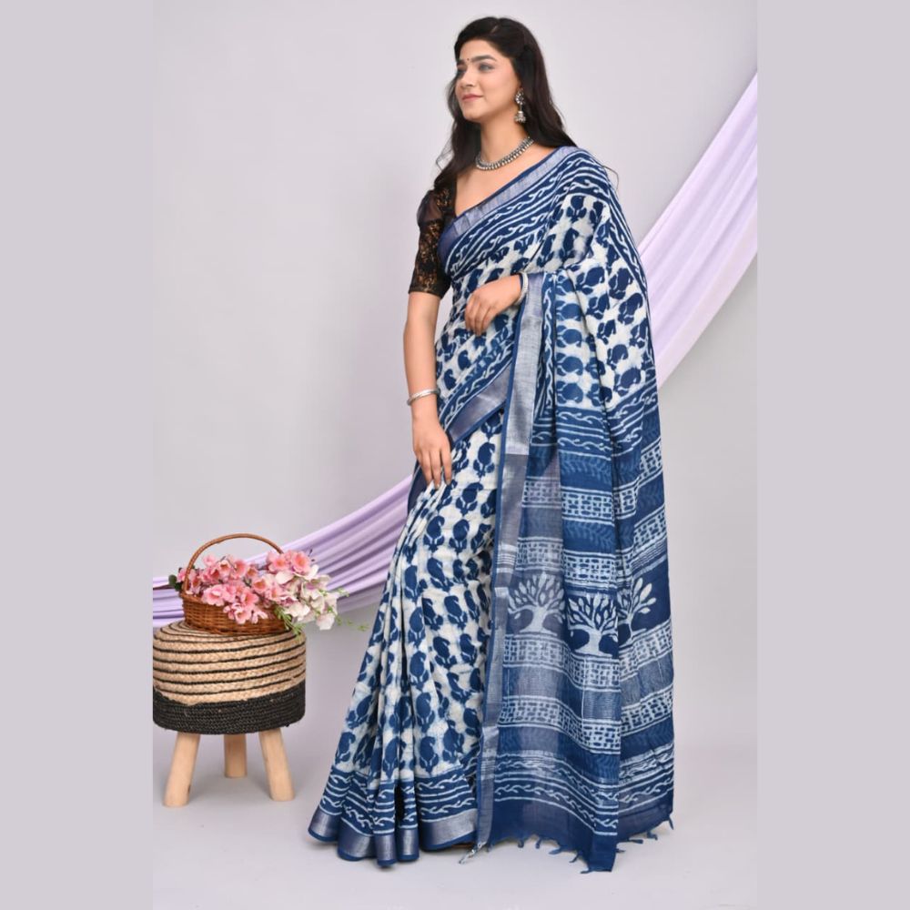 White and Navy Blue Pure Linen Handloom Saree with Floral Print