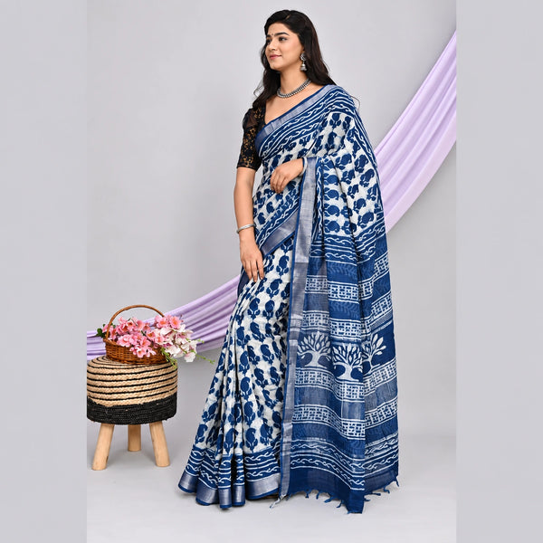Elegant White and Navy Blue Pure Linen Handloom Saree