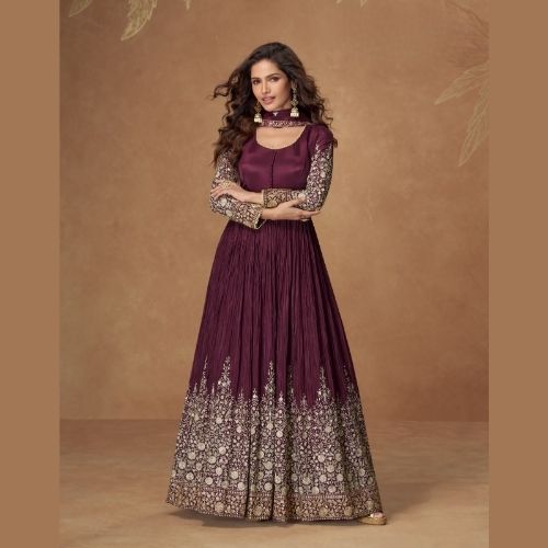 Elegant Wine Anarkali Gown with Dupatta in Premium Chinnon Silk
