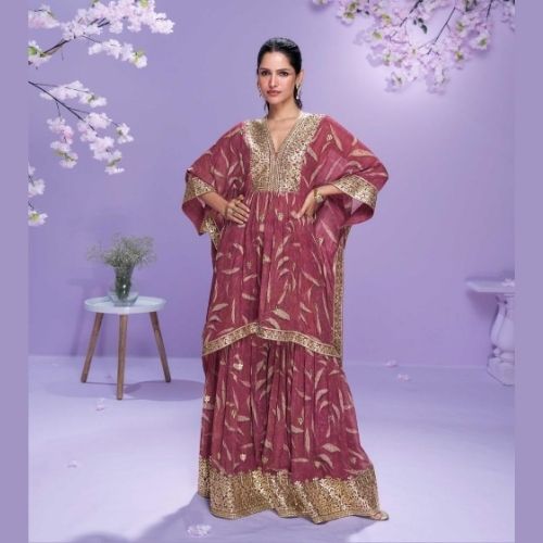Wine Georgette Embroidered Kaftan Dress with Gharara