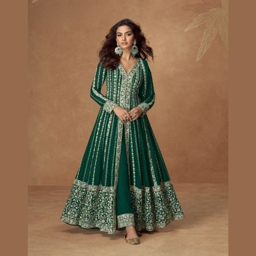 Emerald Green Floor Length Anarkali Gown with Dupatta