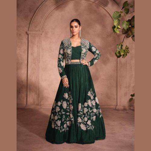 Emerald Green Premium Chinon Silk Lehenga with Embroidered Shrug