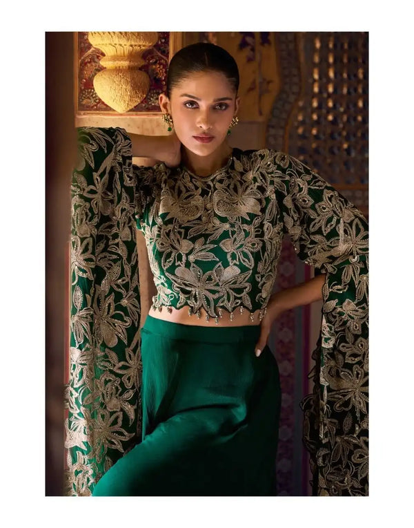 Emerald Green Embroidered Indo-Western Dress for Women