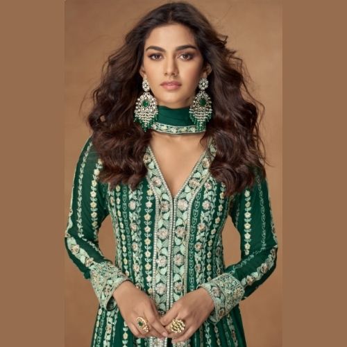 Emerald Green Anarkali Gown with Dupatta in Premium Chinnon Silk