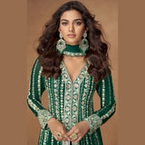Emerald Green Anarkali Gown with Dupatta in Premium Chinnon Silk