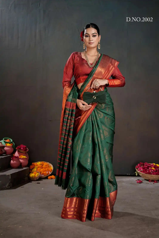 Emerald Green Soft Banarasi Silk Saree with Chit Pallu