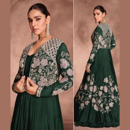 Emerald Green Chinon Silk Embroidered Lehenga with Shrug