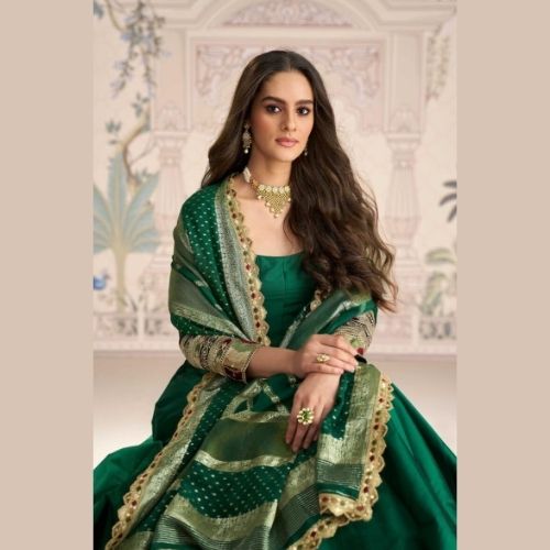 Elegant Emerald Green Silk Anarkali Gown