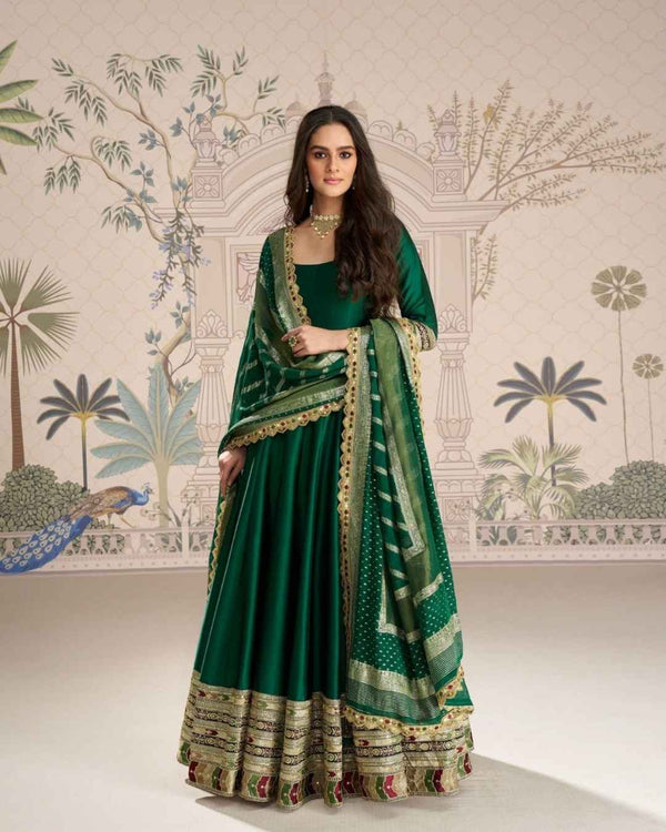 Elegant Emerald Green Silk Anarkali Gown with Viscose Jacquard Dupatta