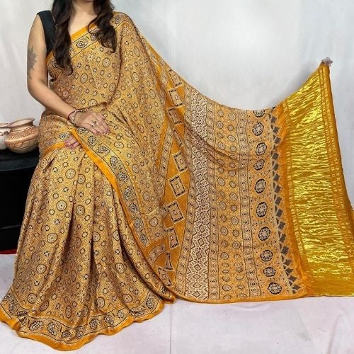 Yellow Ajrakh Hand Block Print Modal Silk Saree with Blouse