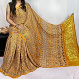 Yellow Ajrakh Hand Block Print Modal Silk Saree with Blouse