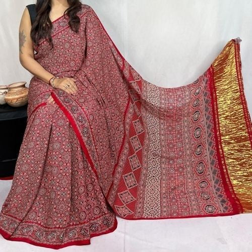 Red Ajrakh Hand Block Print Modal Silk Saree with Blouse