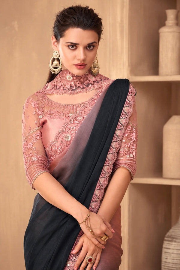 Black Designer Saree with Pink Embroidered Border & Blouse