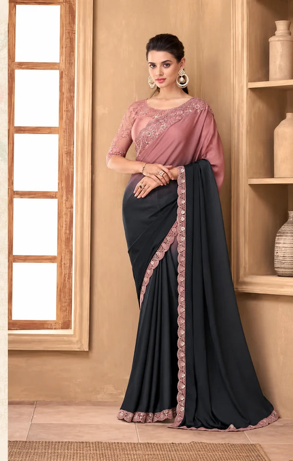 Black Designer Saree with Pink Embroidered Border & Blouse