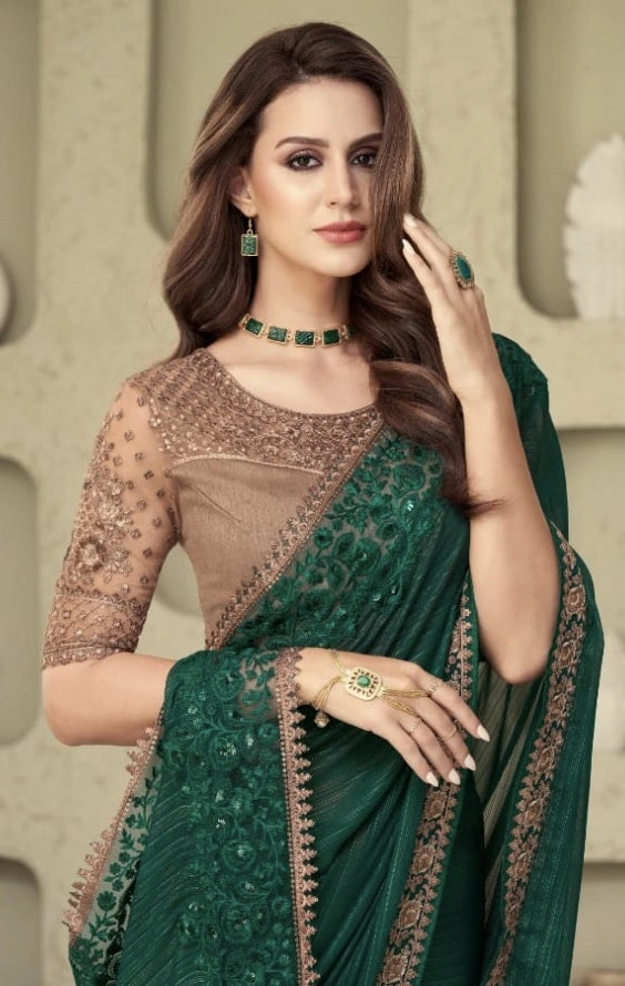 Emerald Green Designer Saree with Intricate Embroidery & Champagne Border