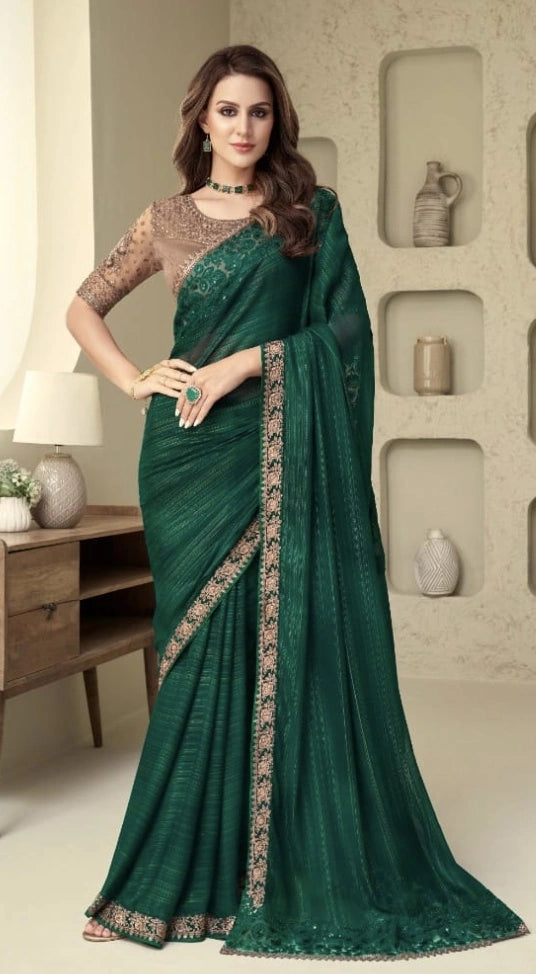 Emerald Green Designer Saree with Intricate Embroidery & Champagne Border