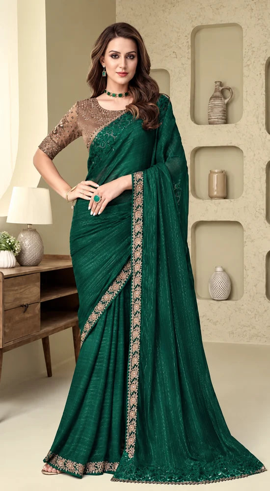 Emerald Green Designer Saree with Intricate Embroidery & Champagne Border