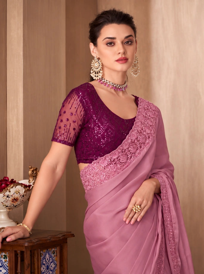 Dusty Pink Designer Saree with Floral Embroidered Border & Sequin Blouse