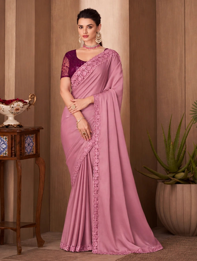 Dusty Pink Designer Saree with Floral Embroidered Border & Sequin Blouse