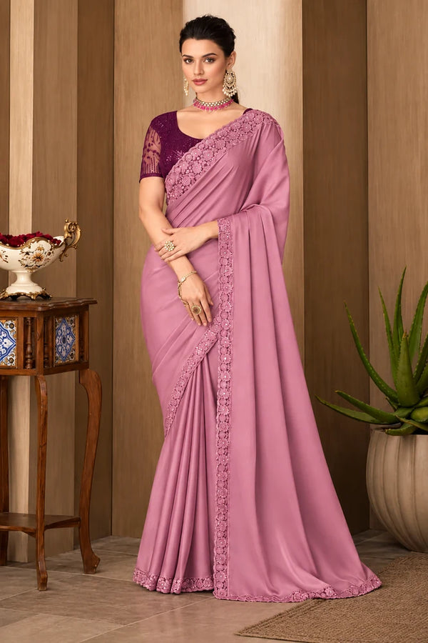 Dusty Pink Designer Saree with Floral Embroidered Border & Sequin Blouse